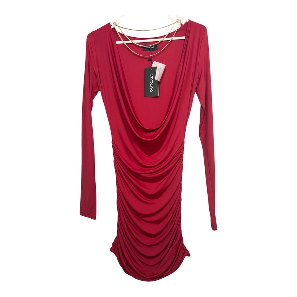 Outcast Dress Womens Small‎ Burgundy Ruched Deep Cowl Party Romantic Sexy  NEW